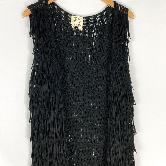 PqLA Clothing Flounder Y2K Crochet Fringe Cardigan Vest Women L Black Whimsigoth - Picture 3 of 7